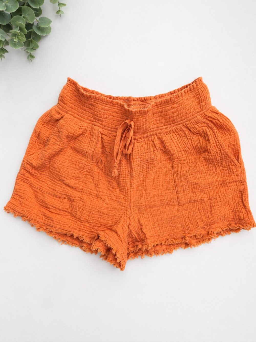 High-Waist Orange Crinkle Lounge Shorts with Drawstring